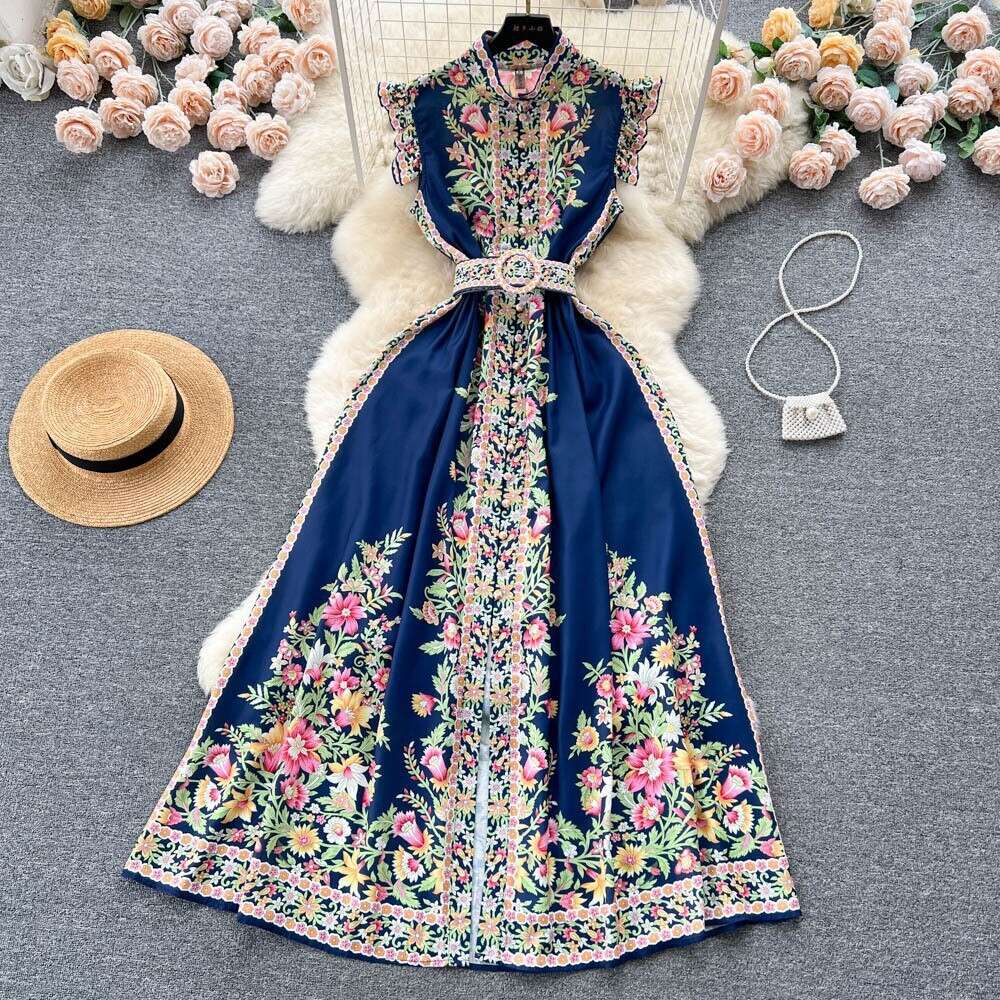 Fashionable and High-end Style Printed Dress for Womens Summer Stand Up Collar, Single Breasted, Waist Cinched, Small Flying Sleeves, Large Hem Long S