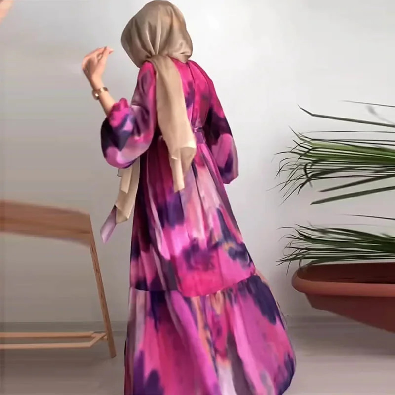 Modest Dubai Abaya Islam Ramadan Robe Femme Kaftan Formal Evening Maxi Dresses Muslim Fashion Women Chiffon Print Long Dress 240712