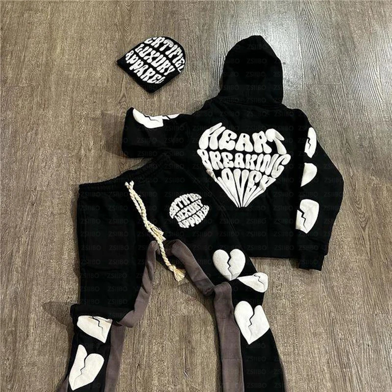 Y2K hoodie Foam Printed Hooded Sweatshirt Jacketed Letter Heart Pattern Long Sleeved Unisex Clothing Men Women Top Sweatpants 240708