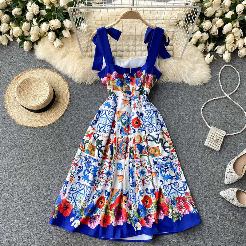 Light Luxury Small Socialite, High-end Clothing, Trendy Brand Printed Suspender Dress, Womens Summer Dress Self-cultivation Waist Loose BOHO DRESS SKI