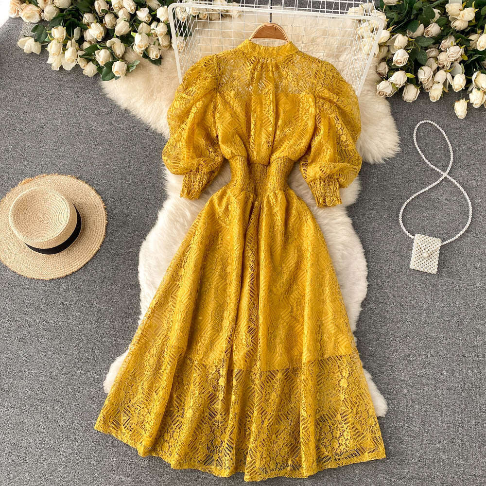 Court Elegant Lace Feminine Style Standing Neck Waist Slim Bubble Sleeves Luxury Feeling Over Knee Long Dress Sexy Dress Short Self-cultivation Silk D