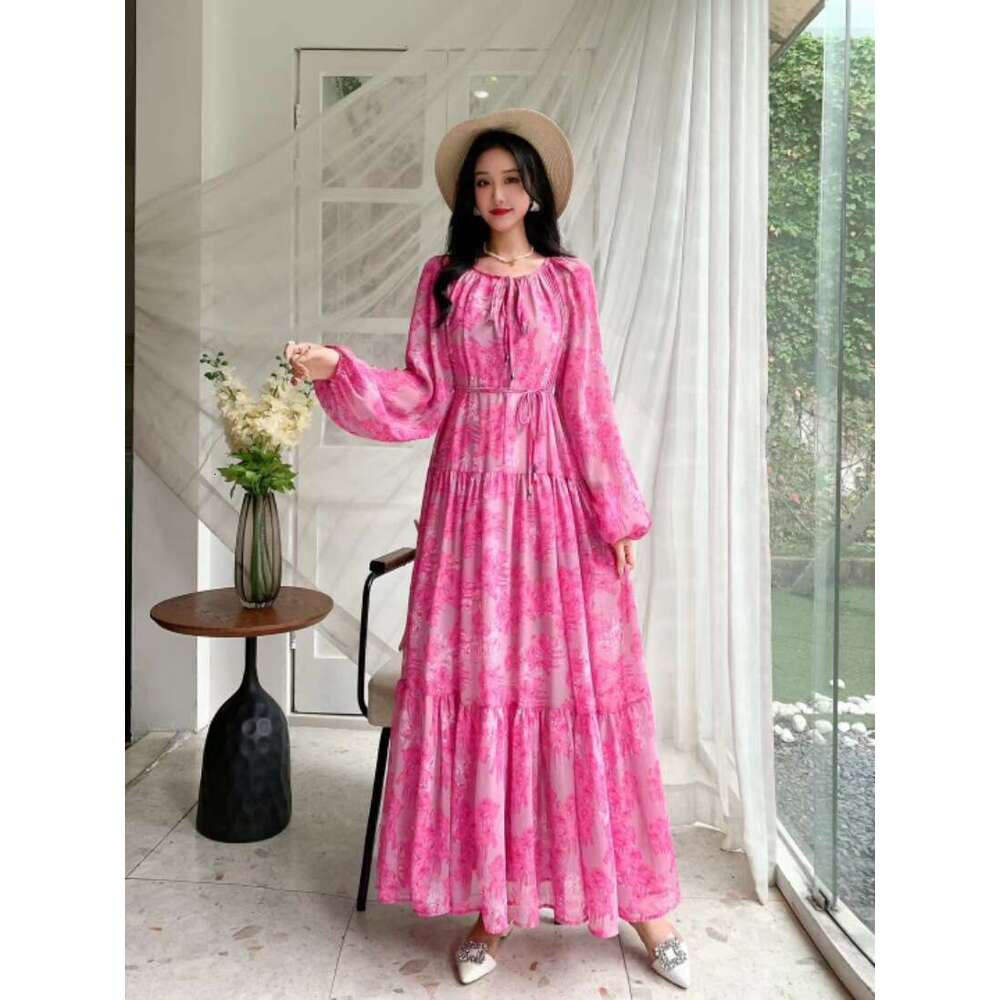 Romantic Floral Dress for Women in Autumn with Lantern Sleeve Strap Design, Exuding A Sense of Elegance and Sophistication Round Neck Dress High Waist