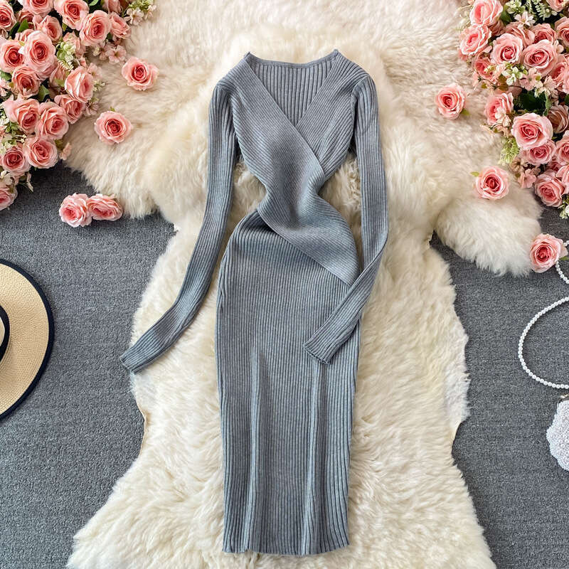 French Sexy Deep V-neck Knitted Dress 2021 Autumn Harvest Waist Slimming Temperament Hepburn Mid Length Skirt Waist Novelty Lace Dress Round Neck Dres