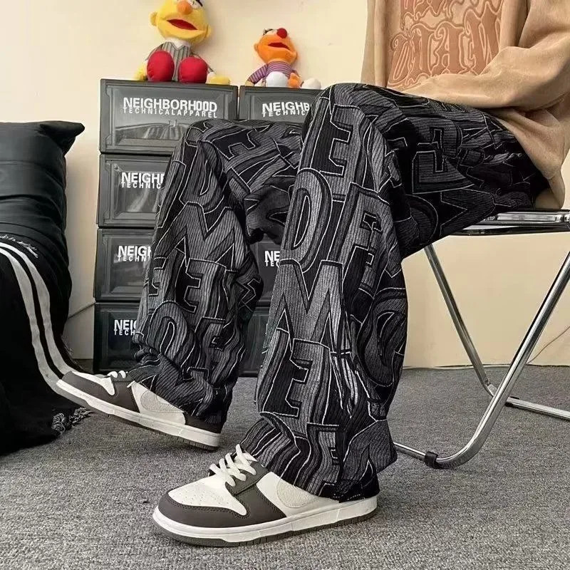 Y2K Casual Pants Men High Street Corduroy Letter Printed Wide Leg Track Streetwear Spring Autumn Sports Pants Sweatpants Male 240708