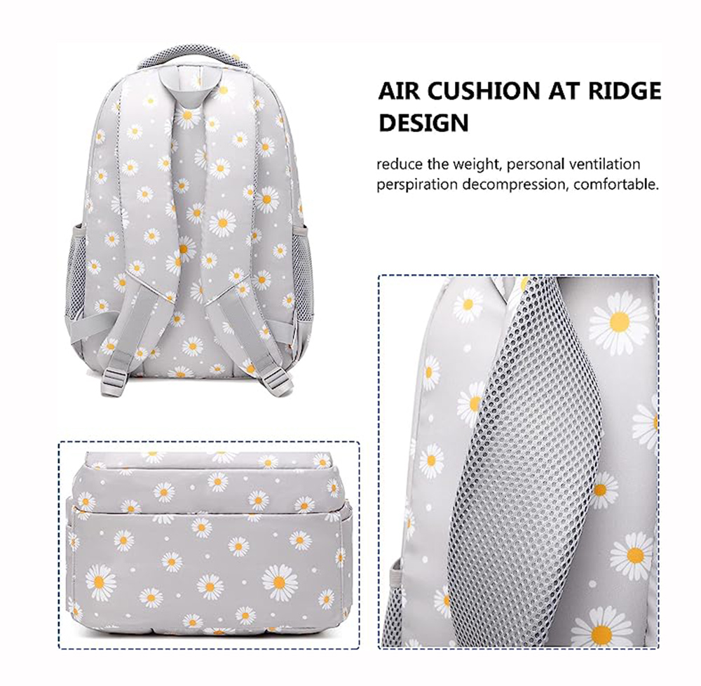Daisy Prints School Backpack Set with Lunch Kits Bookbag for Teenager Girls 3pcs SchoolBag for Primary Student Book Bag