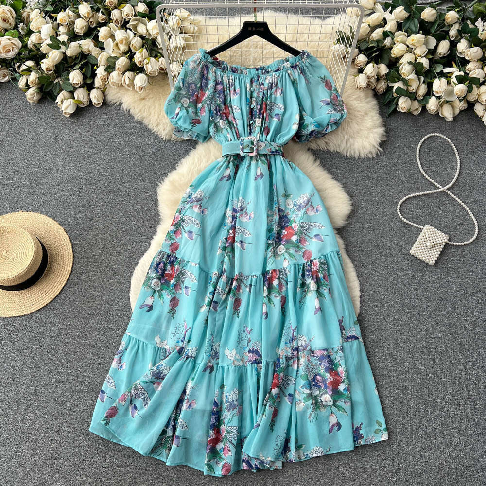 French One Shoulder Fragmented Flower Dress Womens Summer New Elegant and Stylish Slim Bubble Sleeves Super Immortal Chiffon Bifurcated BOHO DRESS