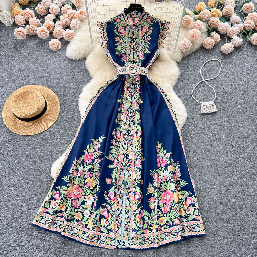 Fashionable and High-end Style Printed Dress for Womens Summer Stand Up Collar, Single Breasted, Waist Cinched, Small Flying Sleeves, Large Hem Long S