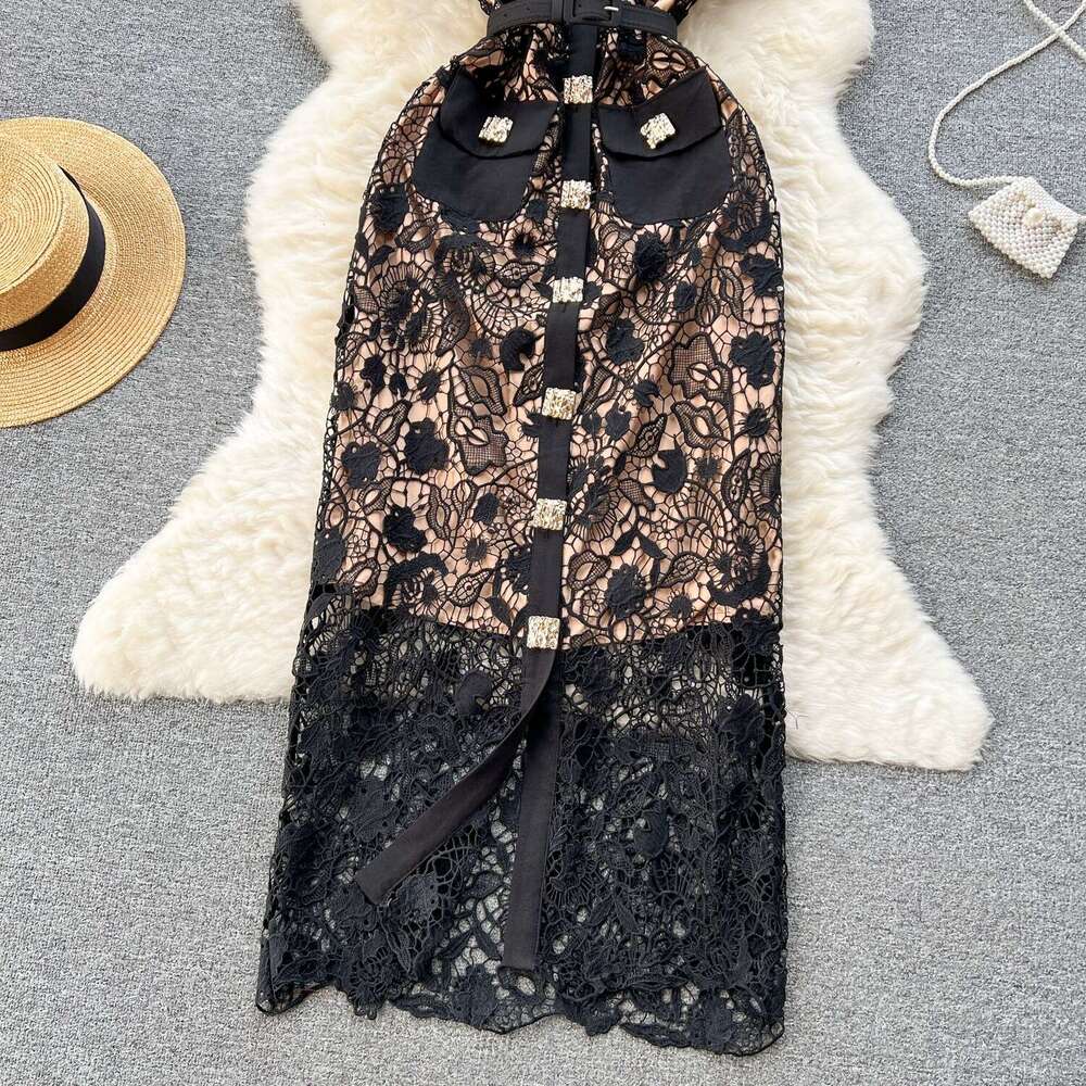 High End Lace Dress, 2024 Spring/summer New Design, V-neck, Slimming Temperament, Socialite Little Black Dress Loose Pregnant Womens Dress Round Neck 