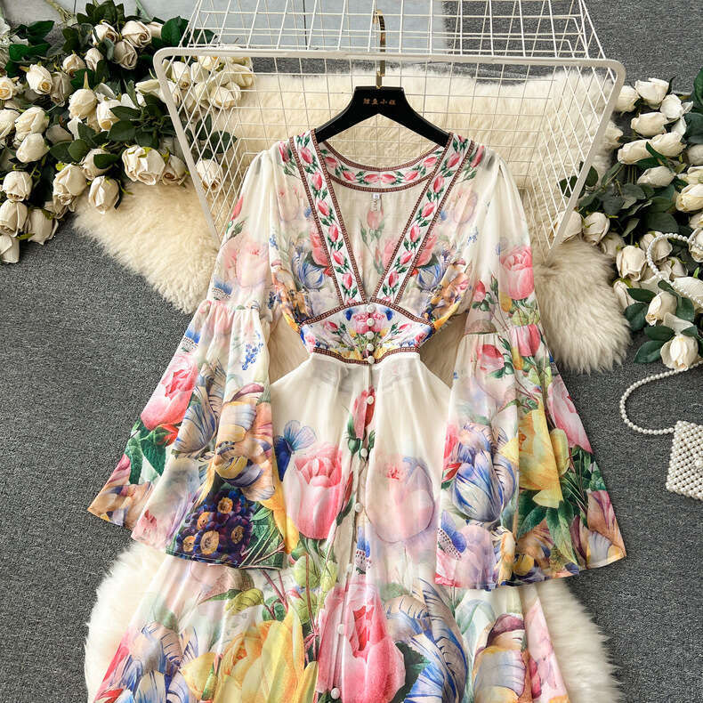 European Palace Style, Temperament, Dress Design, Flared Sleeves, Slim Fit, Long Chiffon Ruffle Edge Skirt Floral Dress Short Novelty Oversize Dress