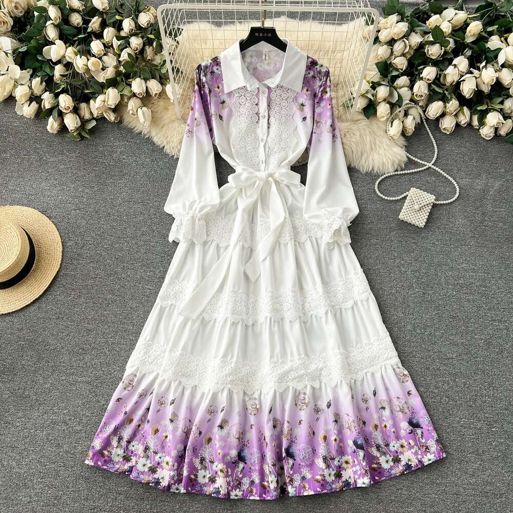 Early Spring New Dress Design with Lace Patchwork, Niche Printed Ruffle Edge Skirt, Bubble Sleeve Shirt Skirt Waist Short Self-cultivation Sexy Round 