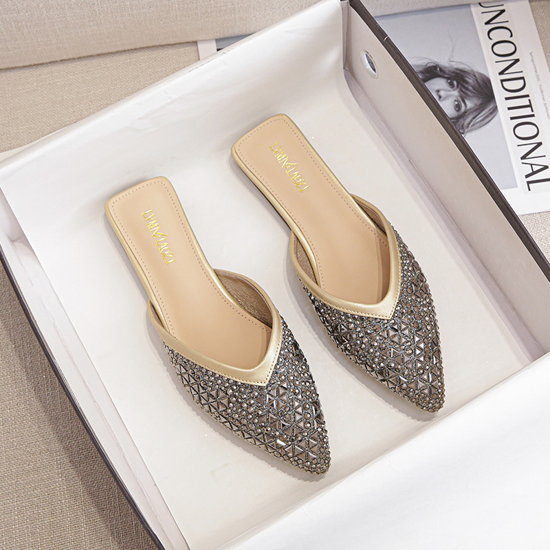 Designer New Crystal Beading Summer Shoes New Wearing Outside Woman Pointed Toe Glitter Rivets Slippers Female Slides Sequines Sandals Big Size 43