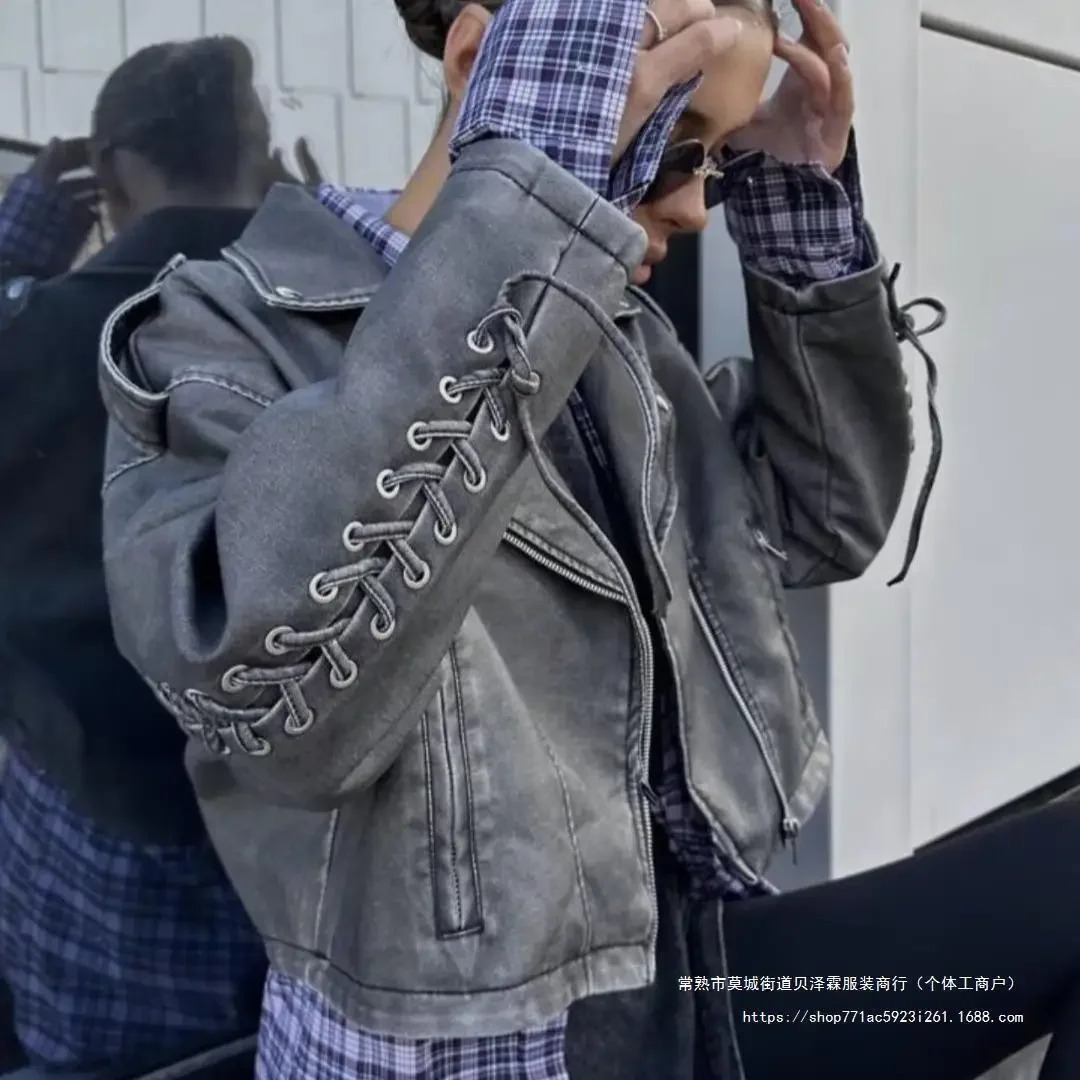 Vintage Bomber Jacket Women Lace Up Faux Leather Jacket Gothic Water Washed Streewear Coat Spring Autumn Women Clothing 240715