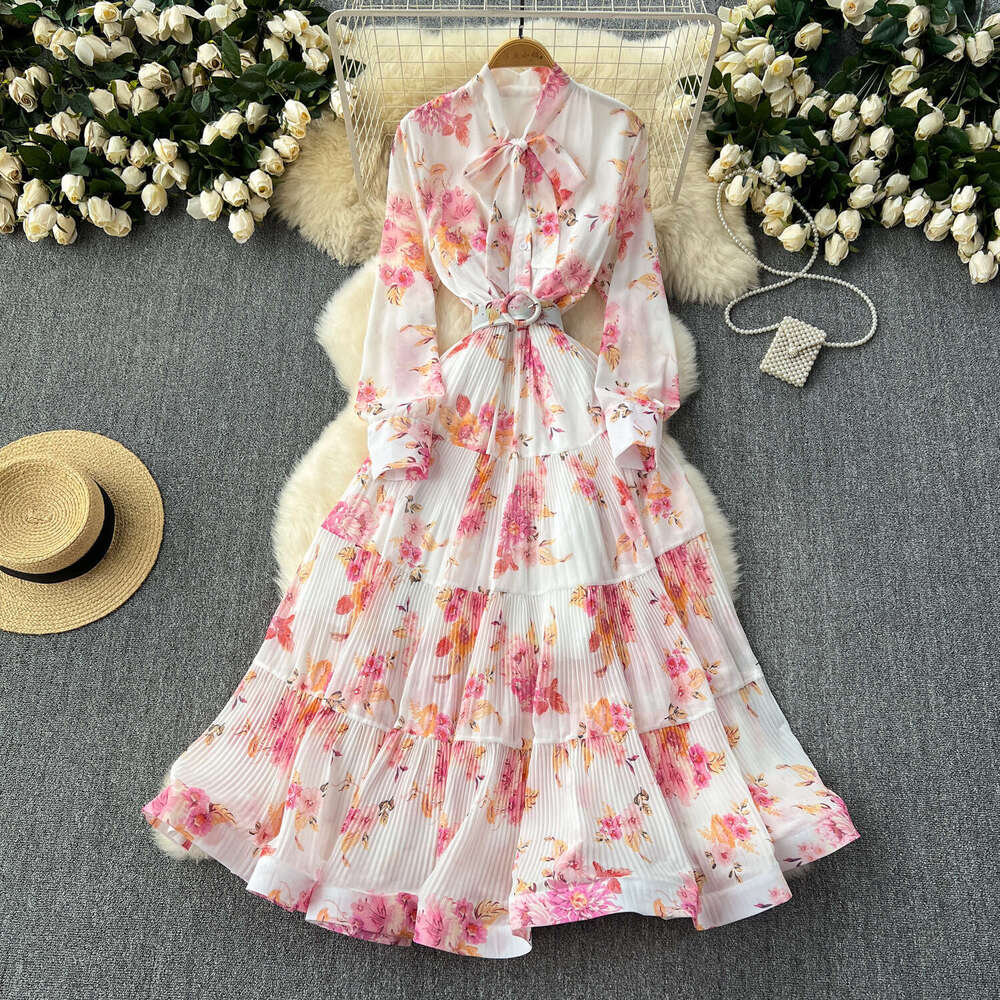 Light Mature Style 2024 New French Bow Tie Waist Wrap Large Ruffle Edge Fragmented Flower Long Dress Sexy Dress Waist Bifurcated Round Neck Dress Silk