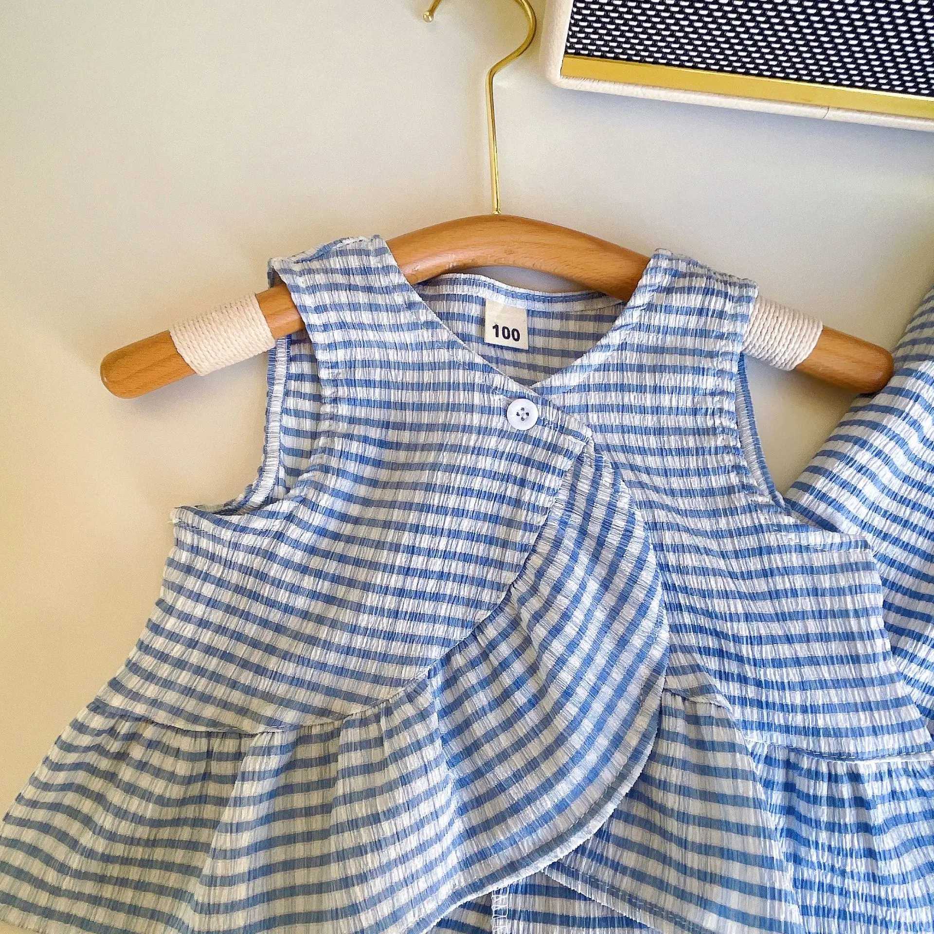 Clothing Sets Children S Sets 2023 Summer Tops Sleeveless A-line Pullover Wide Leg Pants Elastic Waist Cotton Plaid Sweet Fashion Casual Girl