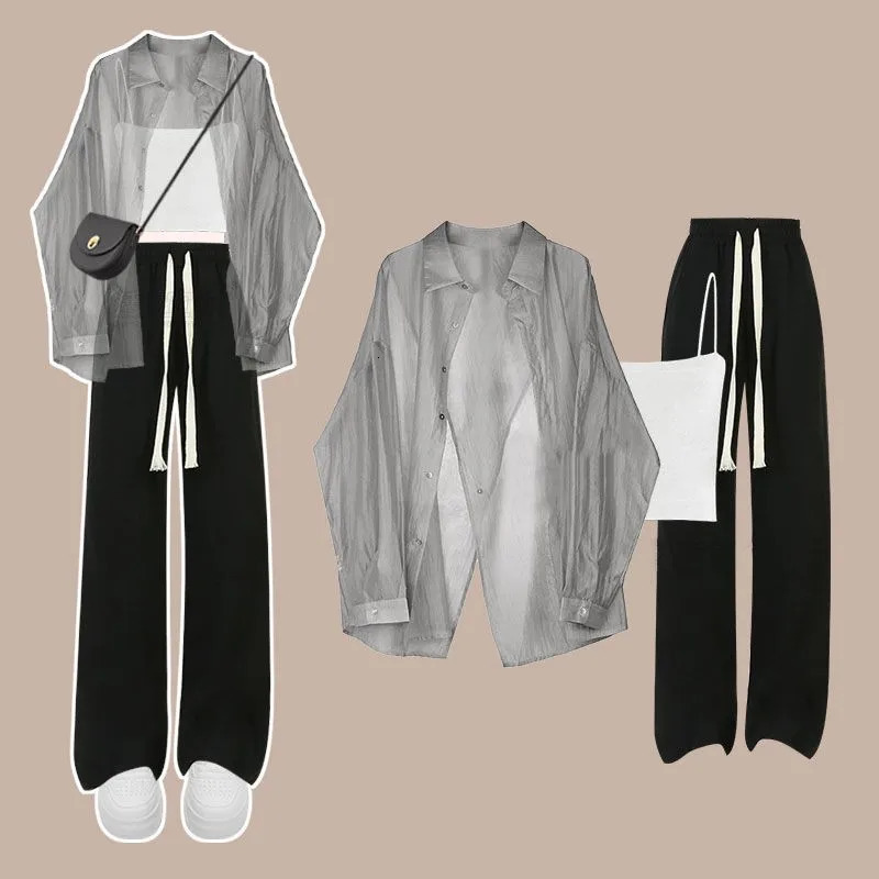 2024 Summer Korean Casual Tracksuit Matching Set Womens Loose Chiffon Sunscreen Shirtsuspenderwide Leg Pants 3 Piece Suit 240716