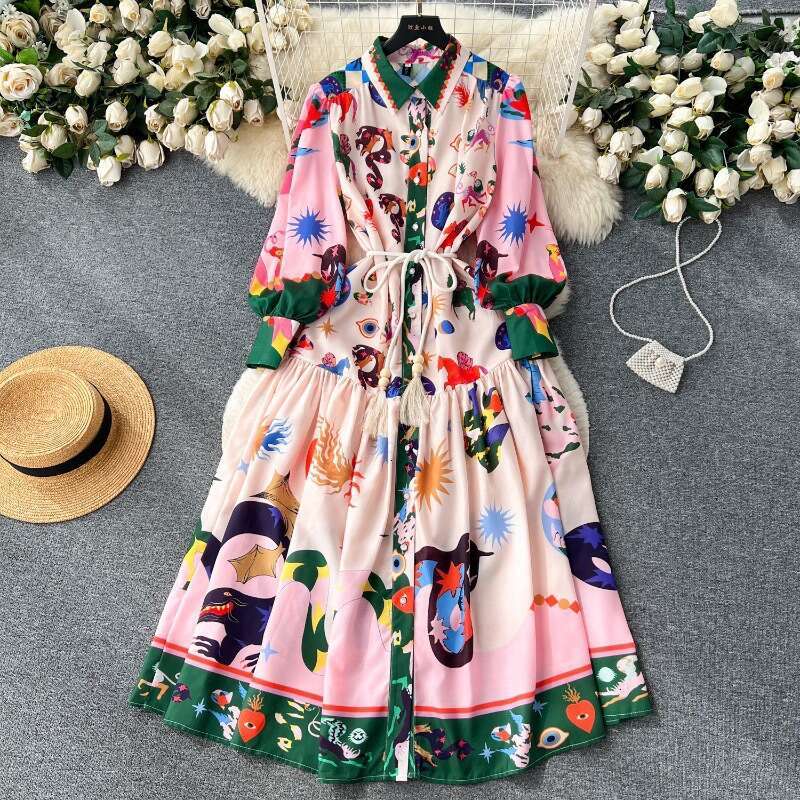 New French Style Lapel Lantern Sleeve Printed Dress Women with Tie Up Waist for Slimming and Elegant Dressing Long Summer Dress Short Bifurcated SKINN