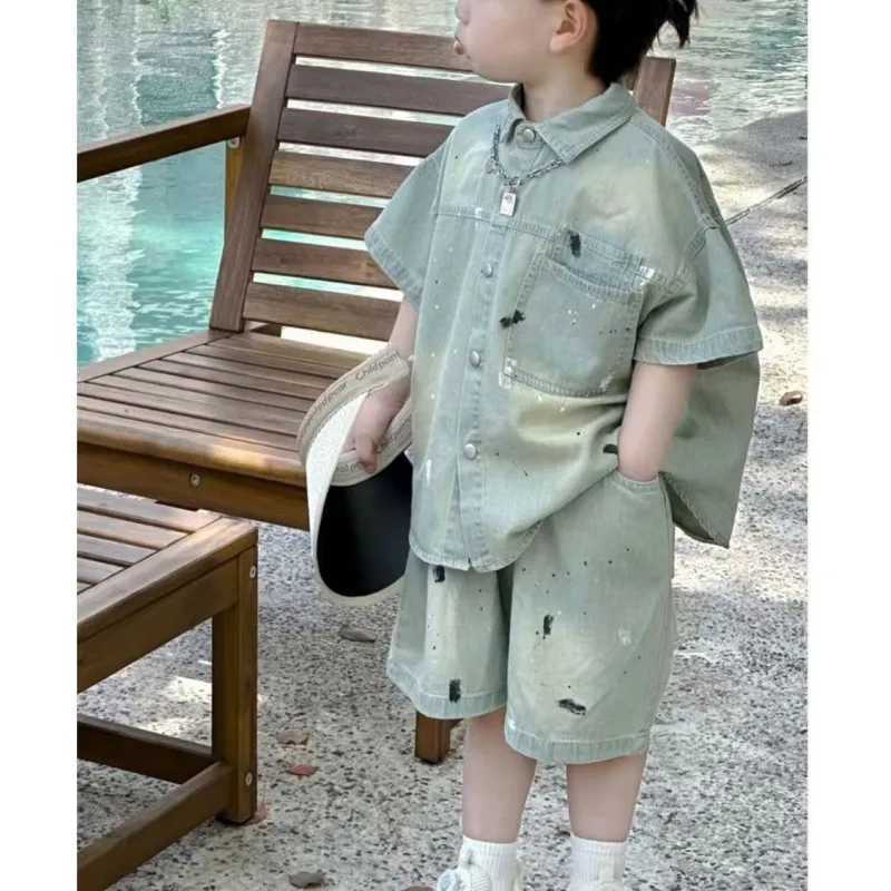 Clothing Sets Kid Thin Clothes Boys Summer Set 2024 New Girls Splashing Ink Washing Soft Denim Short Sleeved Shirt and Shorts 2pcs 2-7Y