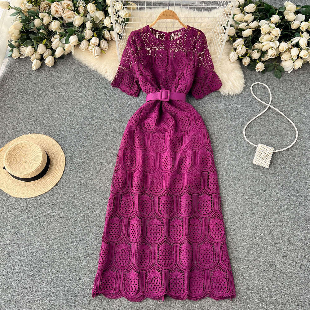 Summer Outfit New Hollow Out Temperament Socialite Fashionable Round Neck Lace Dress Womens Short Sleeved Hook Flower Waist Long Skirt Waist Oversize 