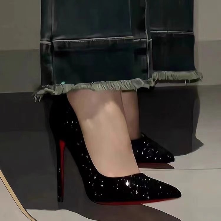 Women 2024 new Europe and the United States wind high with shallow mouth pointed shiny sequins sexy thin high heels single shoes