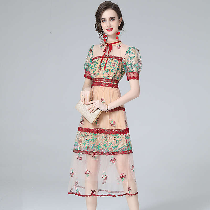 2023 Baroque Lace Up Round Neck Bubble Sleeve Mesh Perspective Heavy Industry Embroidered Dress Novelty Temperament Bifurcated Round Neck Dress BOHO D