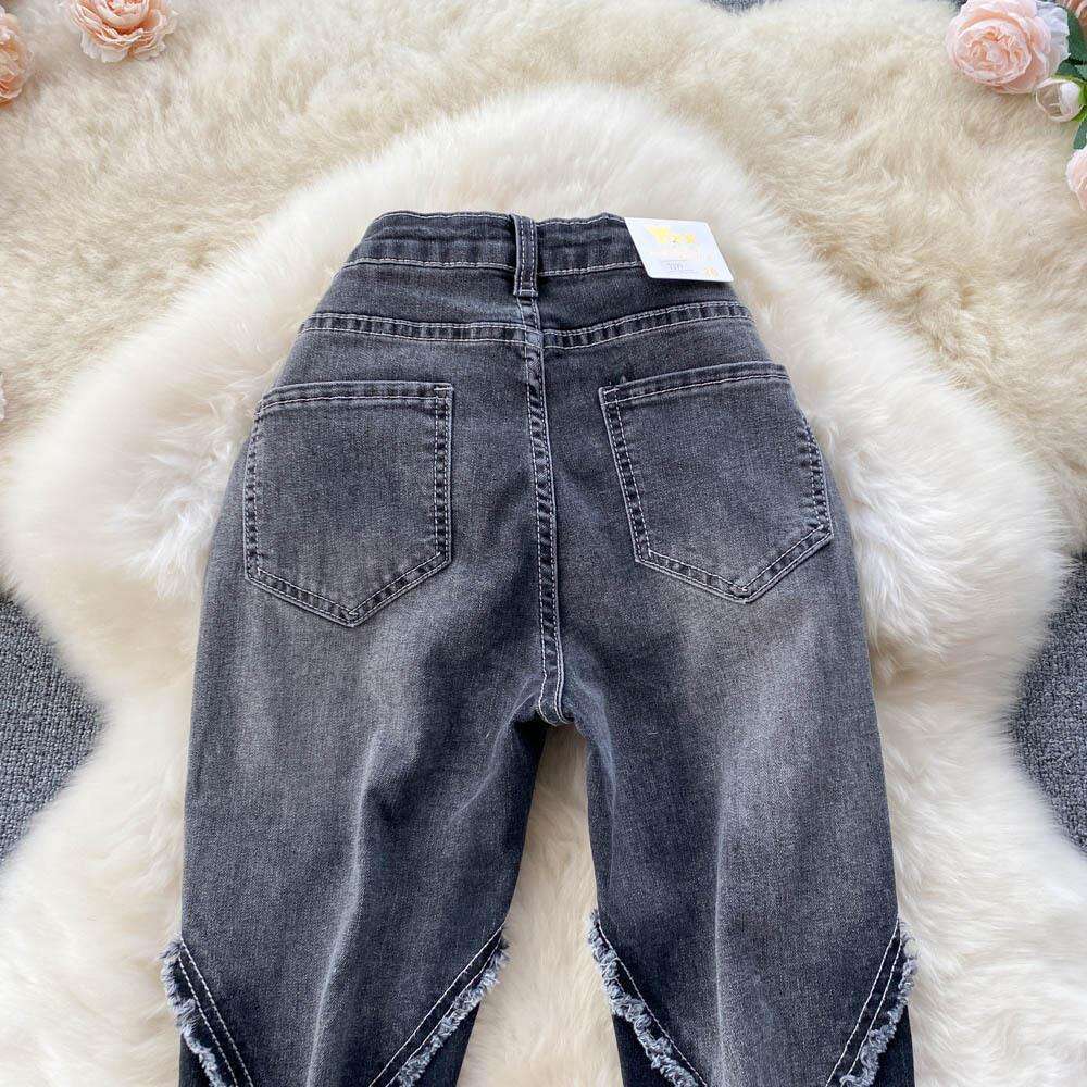 Design Inspired Patchwork with Ruffled Edges and Micro Jeans for Women's Spring/summer 2022 New Fringe Elastic Thin Style Slim Flared Pants