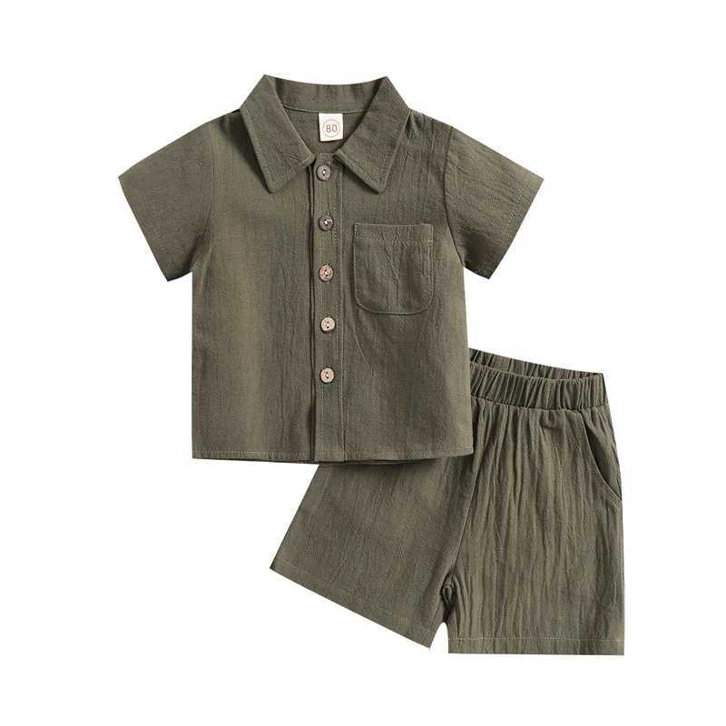 Clothing Sets Little Boys Cotton Flax Outfit Toddlers Summer Solid Color Lapel Short Sleeve Single-breasted Shirt Tops + Elastic Waist Shorts
