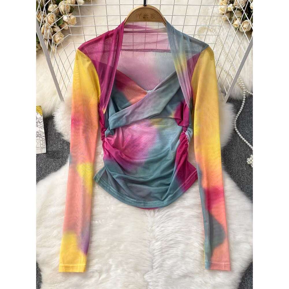 Summer Fashion Spicy Girl Camo Tie Dyed Long Sleeved V-neck Mesh T-shirt Womens Western Style Slim Fit Wrinkle Short Top Novelty Sexy Lace Dress BOHO 