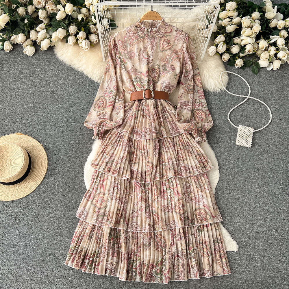 Standing Collar Mesh Sleeved Ruffled Edge Printed Waistband Fluffy Large Hem Dress for Womens Spring and Autumn Lantern Sleeves Cake Long Skirt Oversi