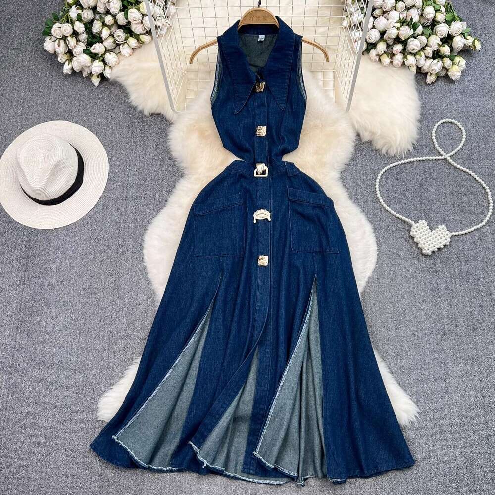 Flip Collar, Hollowed Out, Exposed Waist, Waistband, Slimming Effect, Sleeveless Single Breasted A-line Split Denim Dress, Casual Long Dress BOHO DRES