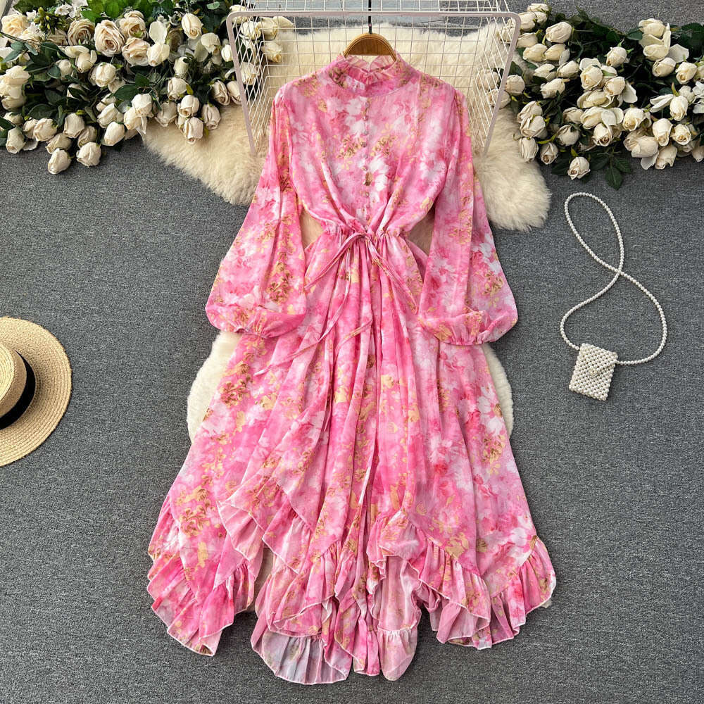 European Style Lantern Sleeve Floral Dress for Women with Spring Drawstring Waist Design, Sleeved Ruffled Edge Fairy Long Skirt Loose Temperament Silk
