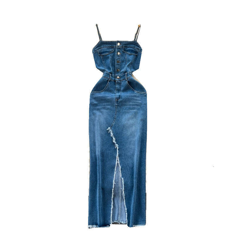 Chic Denim Skirt Design with Fur Edge, Slit, Slim Fit, Medium Length Strap, Dress for Summer Temperament Self-cultivation High Waist Dress Oversize Dr