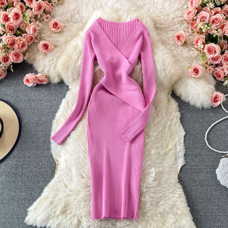 French Sexy Deep V-neck Knitted Dress 2021 Autumn Harvest Waist Slimming Temperament Hepburn Mid Length Skirt Waist Novelty Lace Dress Round Neck Dres