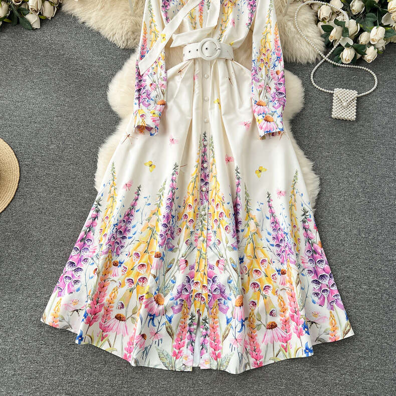 French Palace Style High End Celebrity Bow Neck Button Slim Fit Long Print Dress Long Summer Dress Short Novelty Temperament Loose Self-cultivation Si