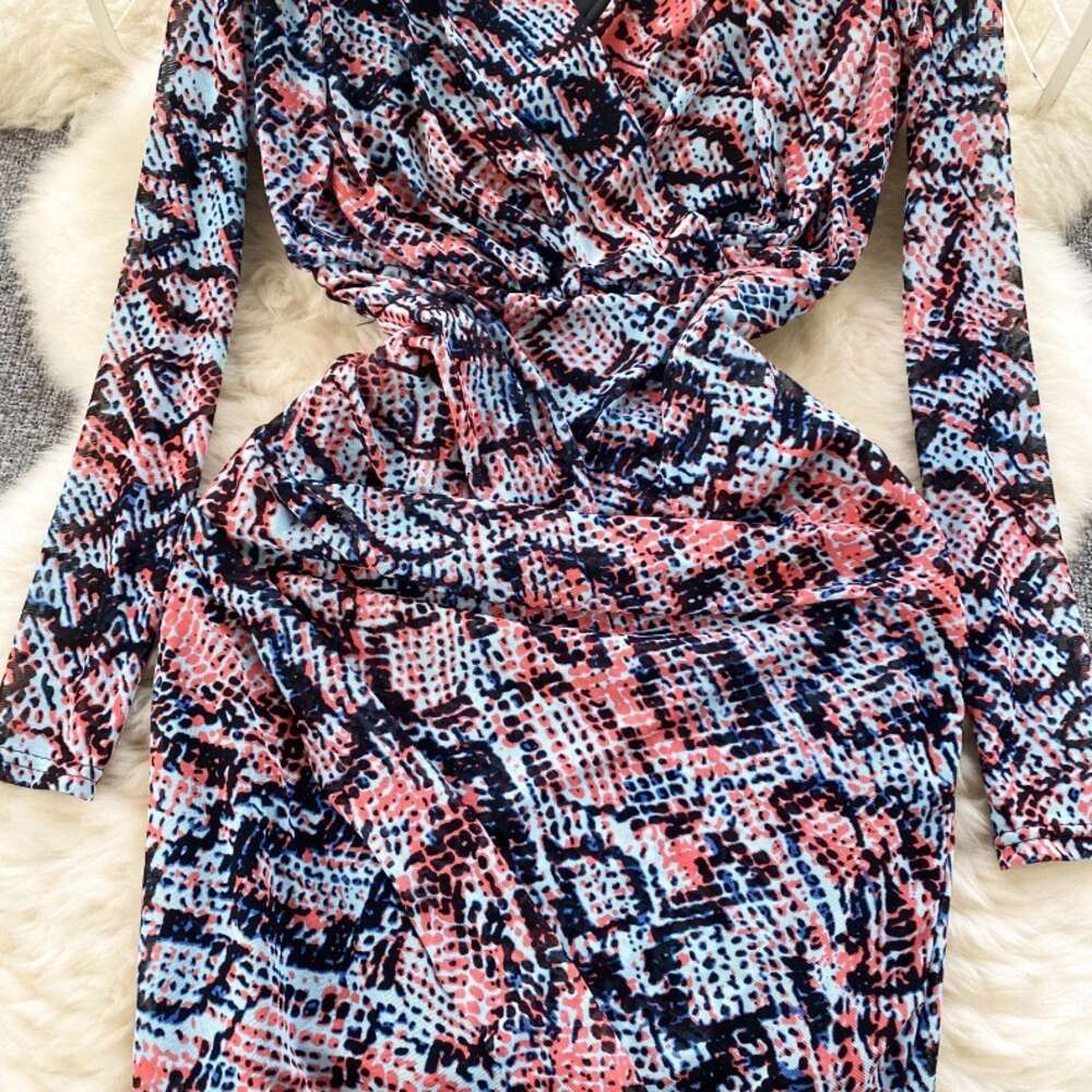 Animal Print Pleated Slim Fit Short Sexy Wrap Around Skirt Spring Outfit Temperament Dress Long Summer Dress Sexy Dress Sexy Loose Round Neck Dress
