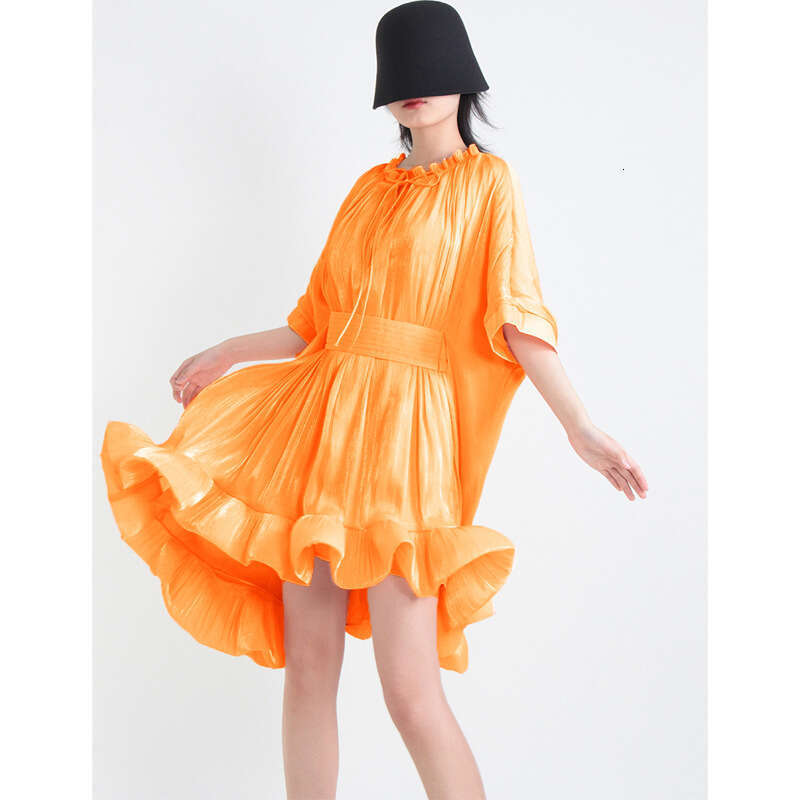 French Celebrity Party 2023 Summer Round Neck Wooden Ear Strap Design with Waist Closure Cape Dress Chiffon Floral Dress Temperament Sexy Novelty Silk