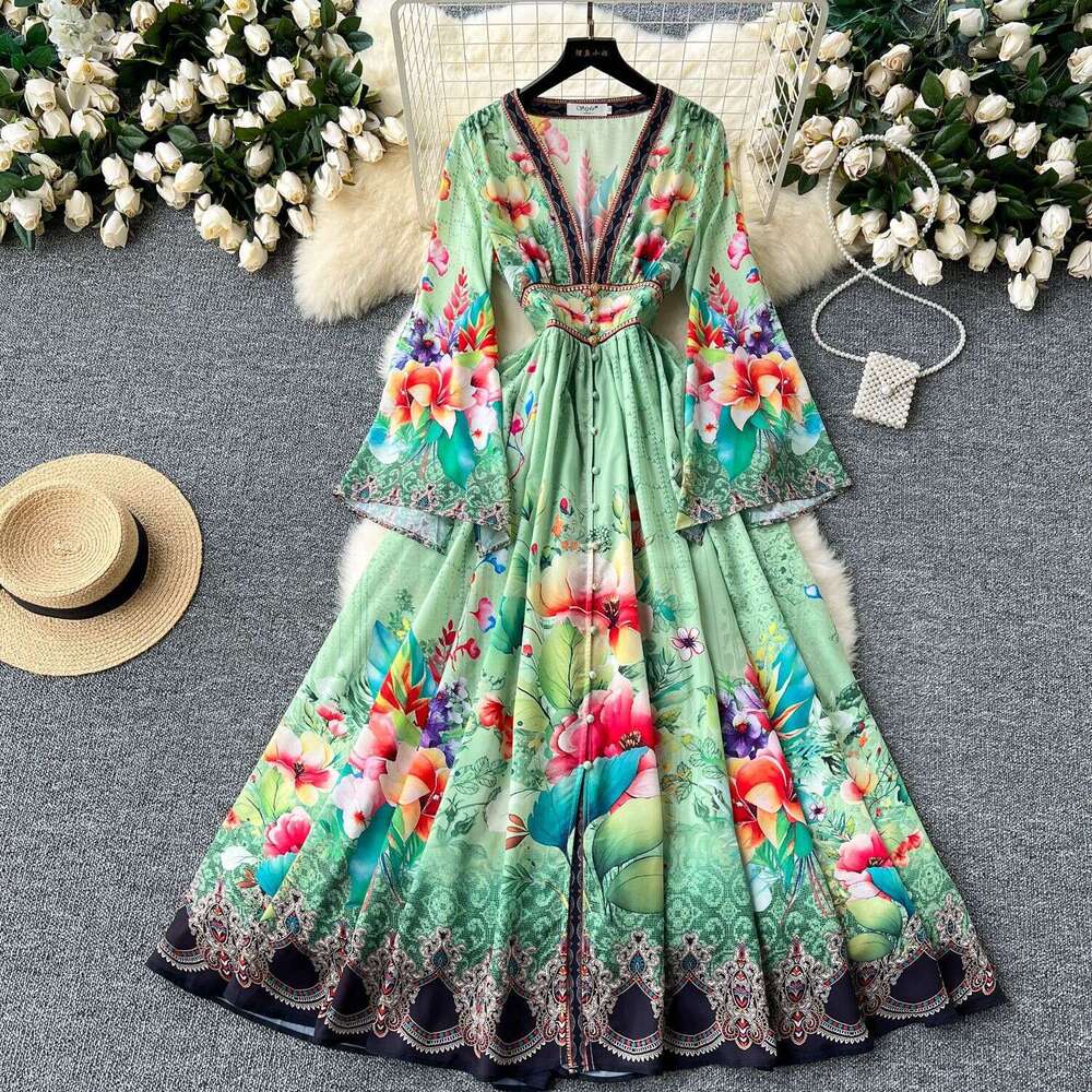 Palace Loudspeaker Long Sleeved High Waist Womens Deep V-neck Single Breasted Slimming Large Hem Printed Dress Floral Dress Temperament Novelty Oversi