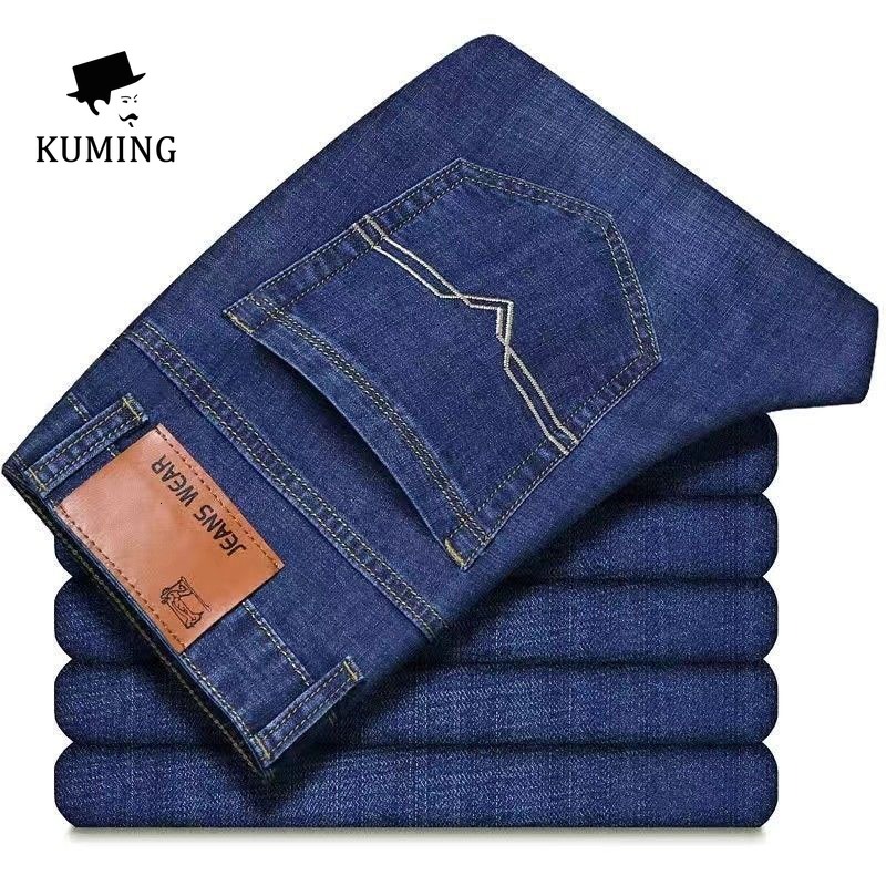 Kuming Jeans Men's Summer Thin High Waist Elastic Denim Loose Straight Size 28-40 Casual Pants