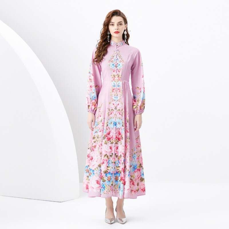 Ladies 2024 Spring/summer - Vacation Style Stand Up Collar Single Breasted Diagonal Cut Print Wide Swing Long Dress Bifurcated Sexy BOHO DRESS Round N