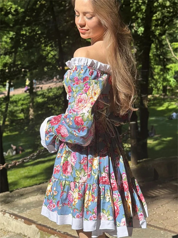 Tossy Ruffled Printed LaceUp Mini Dress Womens VNeck Patchwork High Waist Bandage Fashion Backless Ladies Summer 240712