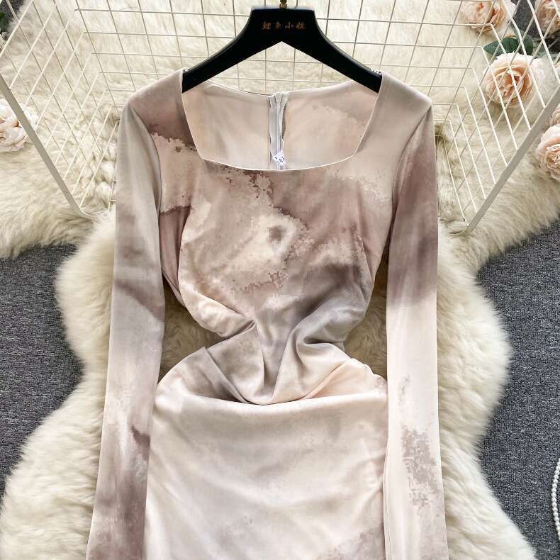 New Spring Style Square Neck Slim Fit Mid Length Knee Skirt Small and Irregular Halo Dyed Long Sleeve Dress Sexy Temperament Denim Dress