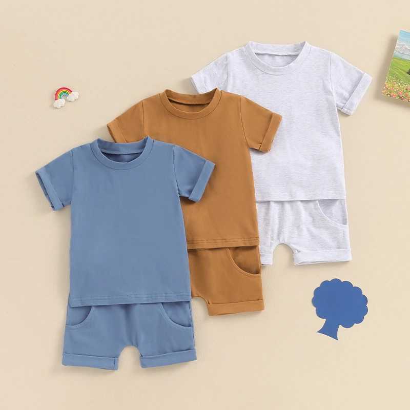 Clothing Sets 0-3Y Toddler Boys Summer Outfits Solid Color Rolled Hem Short Sleeve T-Shirts Tops Elastic Waist Shorts 2Pcs Clothes Set