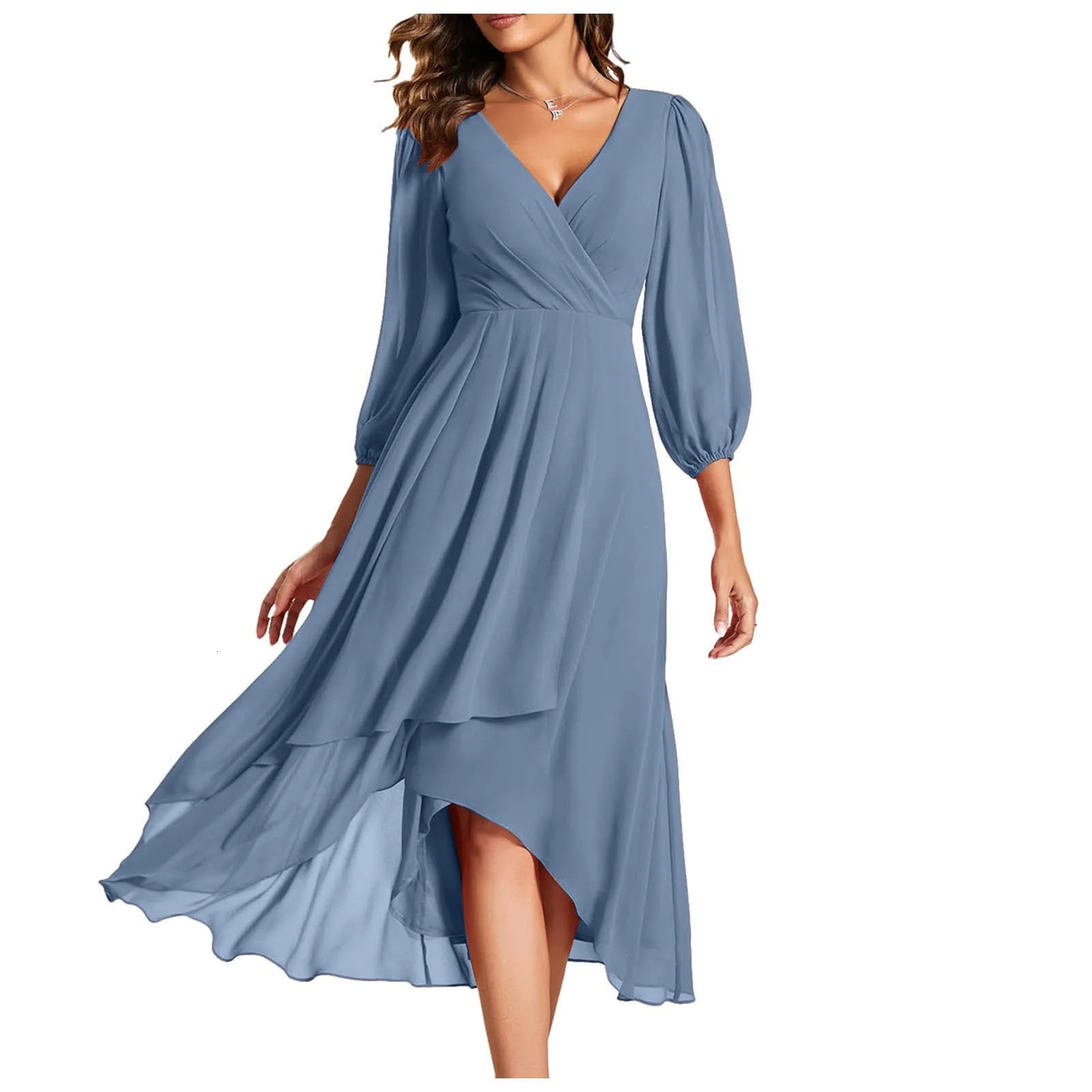 Women Chiffon Spring V Neck Long Sleeves Pleated A Line Midi Length Wedding Guest Dress High Low Dresses 240712