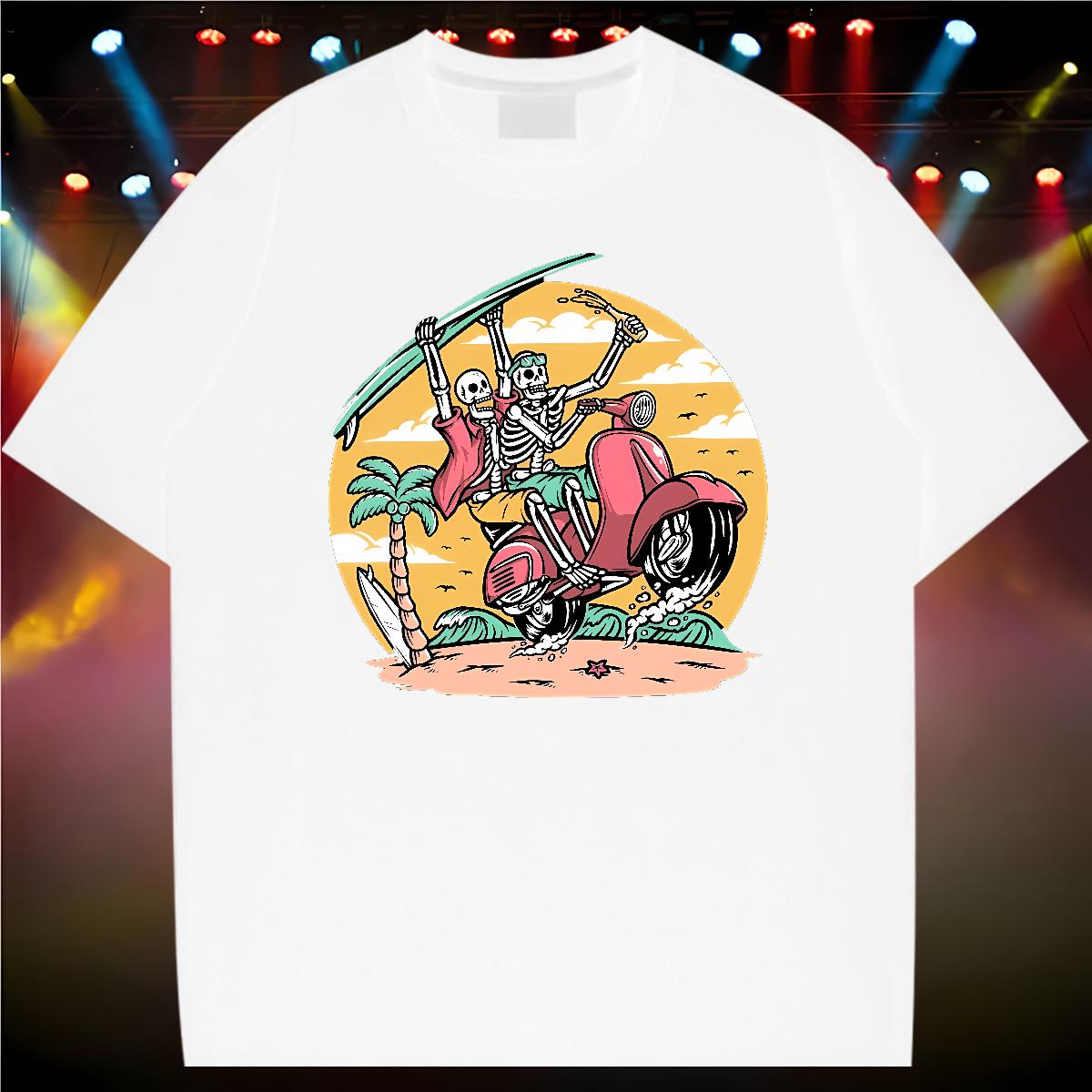 2024 T-Shirts for Men Skeleton 230g 100% Cotton Custom Printing Beach Couples T Shirts O-Neck Short Sleeve Cotton Popular