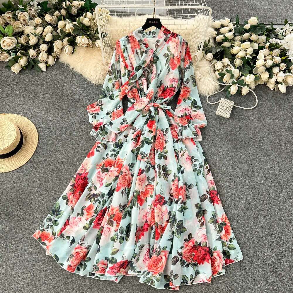 French and Elegant Dressing Spring Lace Up Bow Neck Slim Fit Long Swing Chiffon Vacation Dress Sexy Dress Self-cultivation Novelty High Waist Dress