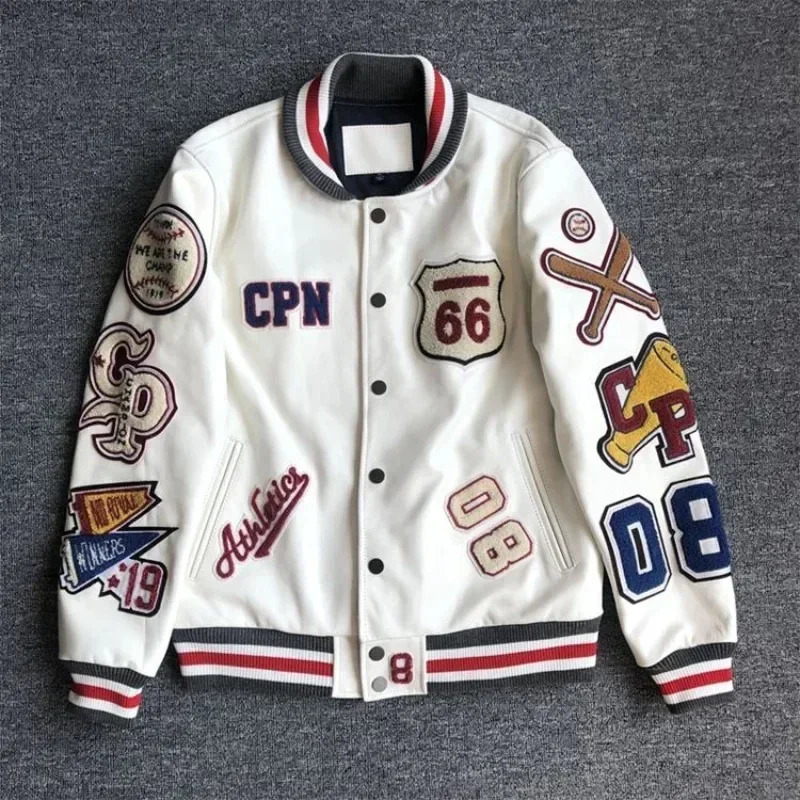 Mens spring and autumn baseball uniform Y2K retro trend leather jacket heavy industry embroidery white short coat ins 240716