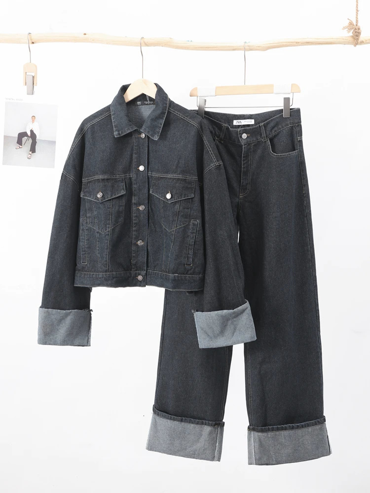 Fashion Patchwork Women Denim Suit Lapel Long Sleeve Coat Straight Wide Leg Jeans Suits Female Autumn Streetwear Jacket Pant Set 240715