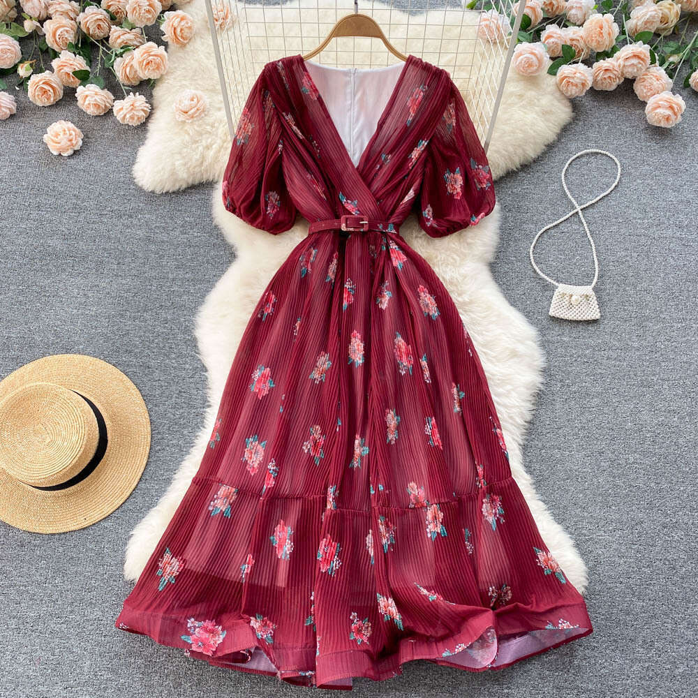 2022 Summer Literary and Ethnic Style Elegance Fragmented Flower Chiffon Dress Womens Waistband Slim A-line Long Skirt Bifurcated Waist Short Sexy Den