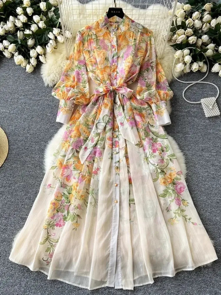 TRAF Summer Bright Silk Chiffon Gorgeous Flower A Line Dress Womens Stand Lantern Sleeve Sashes Print Loose Robe Vestidos 240712