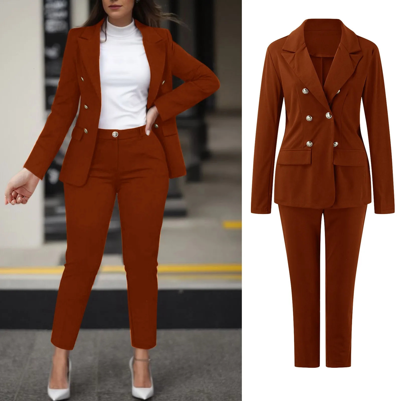 Womens Two Pieces Pant Sets Formal Business Double Breasted Blazers Jacket And Pants 2 Piece Set Elegant Ladies Suits 240712