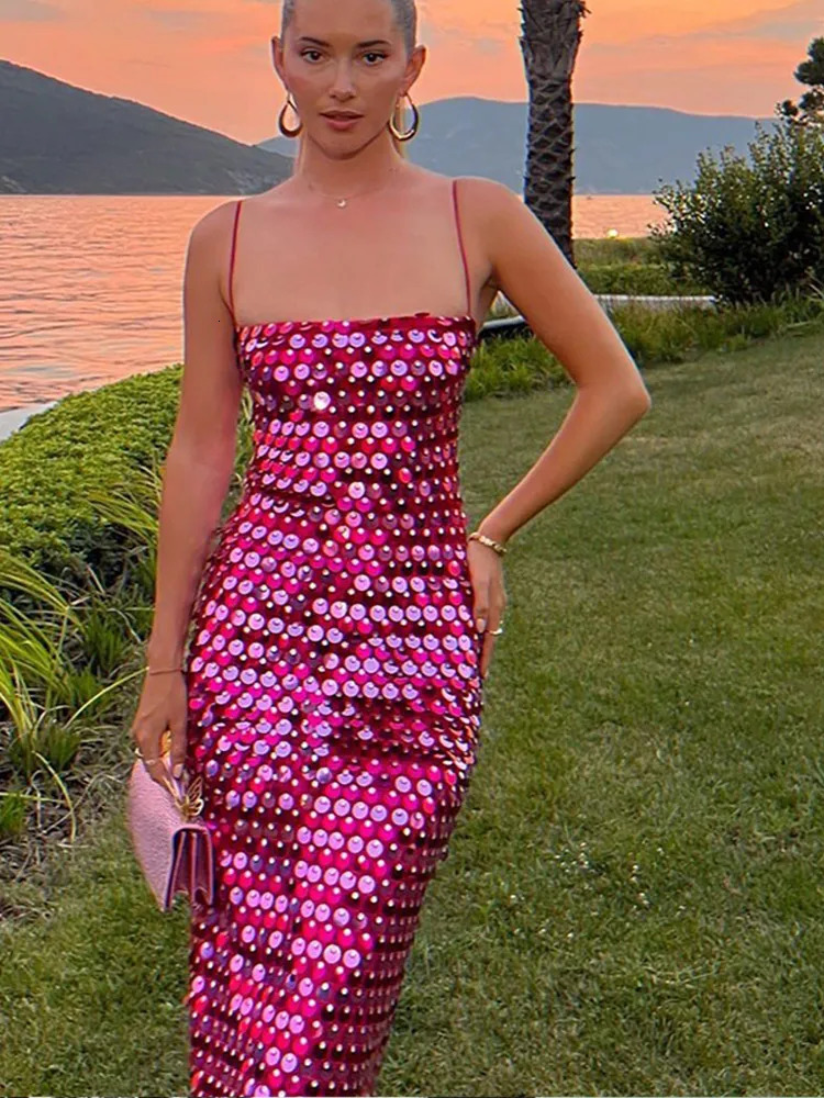 Sequined Tube Top Strap Dress Women Sexy Sleeveless Slim Solid Straight Long Vestidos Fashion Backless Slip Split Evening Robe 240716